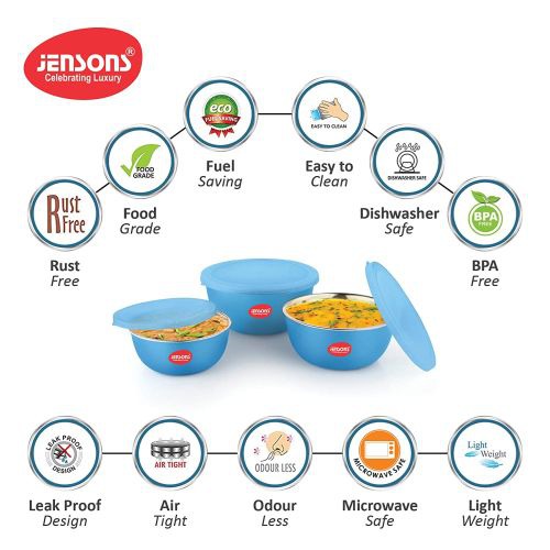 Jensons JEN-118 Flora Microwave Safe with Lid Stainless Steel 3 Pcs Bowl Set